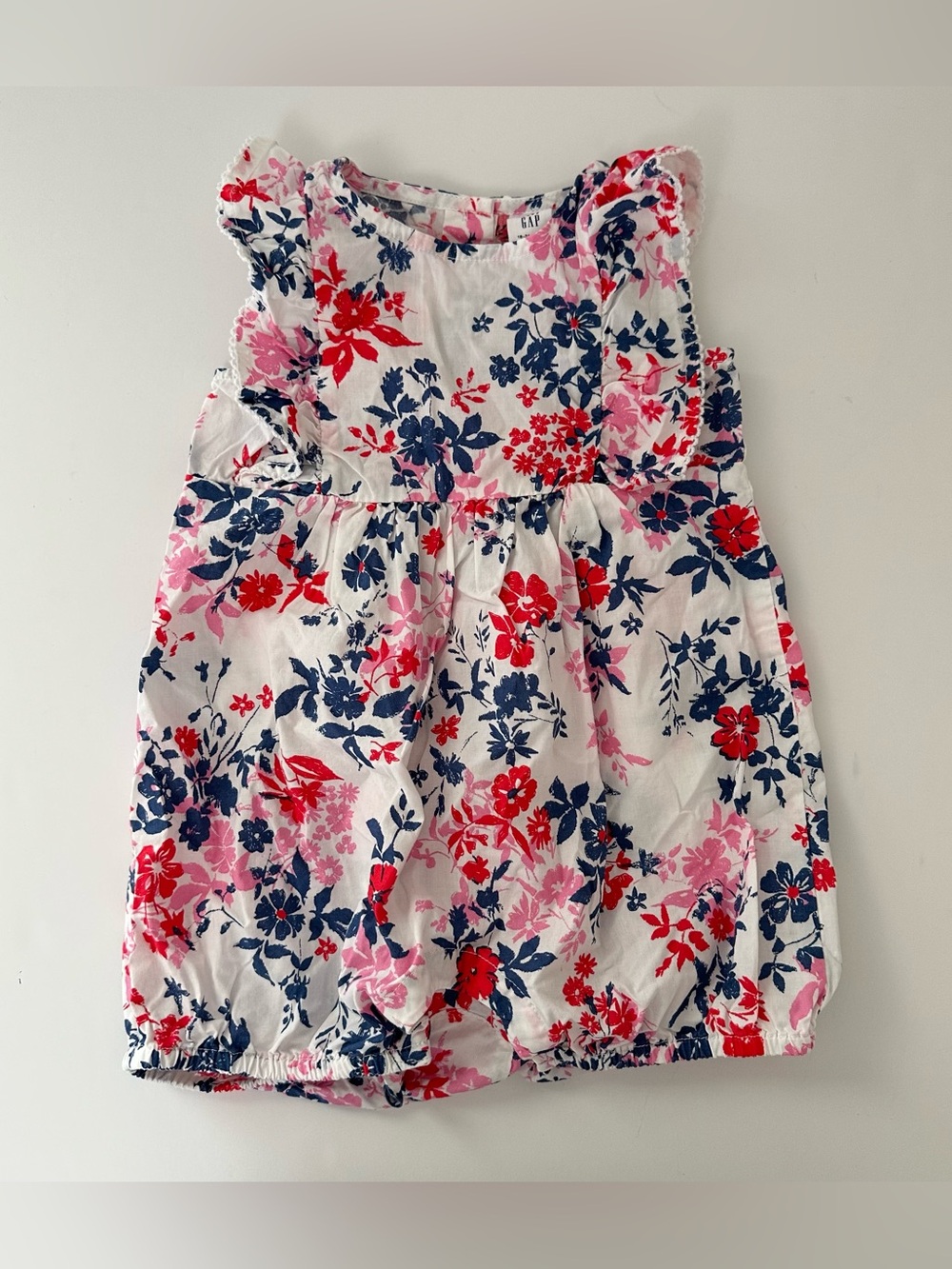 GAP Baby Girl White Sleeveless Romper with‎ Navy, Red and Pink Floral Print